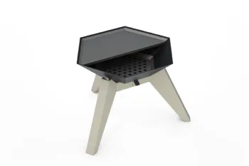 The Flamula 800 metal fire pit with a modern hexagonal design and beige legs is suitable for outdoor use.