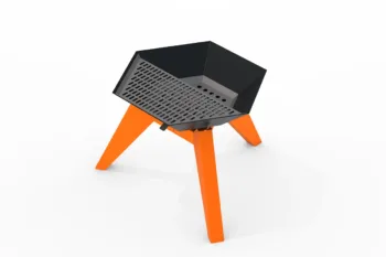 The Flamula 800 metal fire pit with a modern hexagonal design and beige legs is suitable for outdoor use.