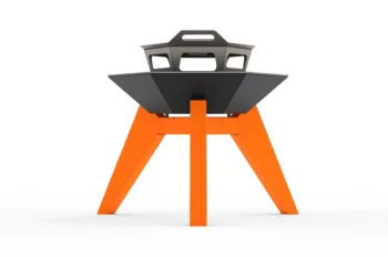 The Flamula 800 metal fire pit with a modern hexagonal design and beige legs is suitable for outdoor use.