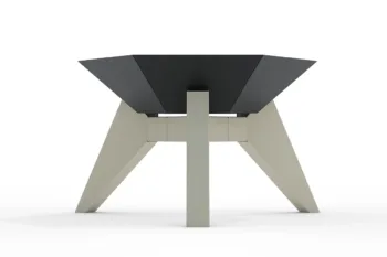 The Flamula 800 metal fire pit with a modern hexagonal design and orange legs is suitable for outdoor use.