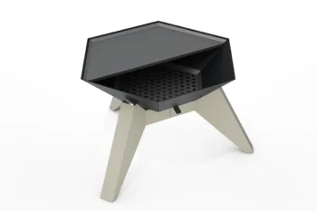 The Flamula 800 metal fire pit with a modern hexagonal design and orange legs is suitable for outdoor use.