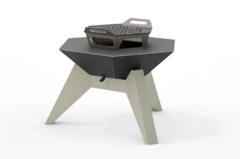 The Flamula 800 metal fire pit with a modern hexagonal design and orange legs is suitable for outdoor use.