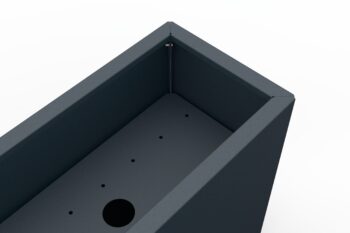 Close-up view of the corner of the Flamula metal flower box showing the simple assembly with side screws.