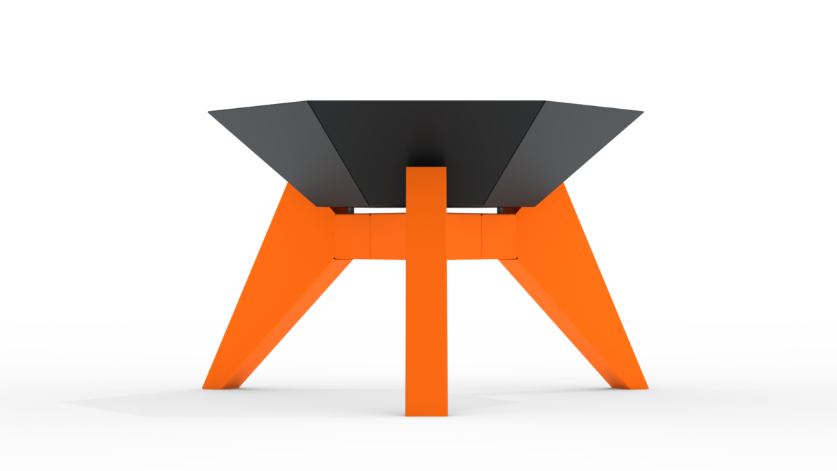 The Flamula 800 metal fire pit with a modern hexagonal design and orange legs is suitable for outdoor use.