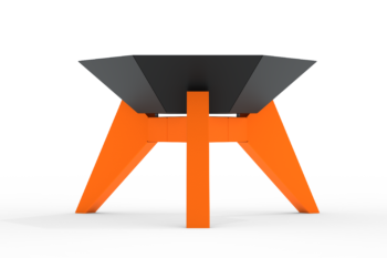 The Flamula 800 metal fire pit with a modern hexagonal design and orange legs is suitable for outdoor use.