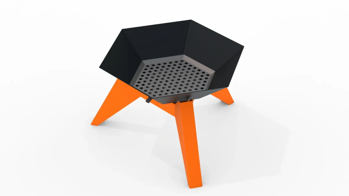 The Flamula 800 metal fire pit with a modern hexagonal design and orange legs is suitable for outdoor use.c