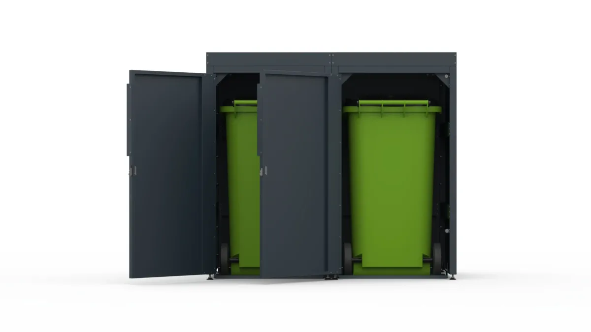 Metal bin cover for two 240-litre bins with classic smooth doors and a tray for planting flowers