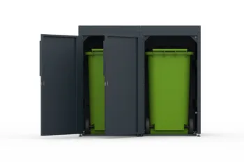 Metal bin cover for two 240-litre bins with classic smooth doors and a tray for planting flowers