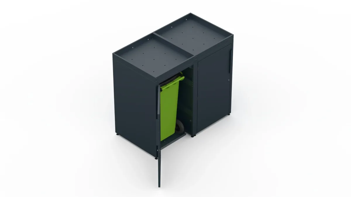Metal bin cover for two 240-litre bins with classic smooth doors and a tray for planting flowers