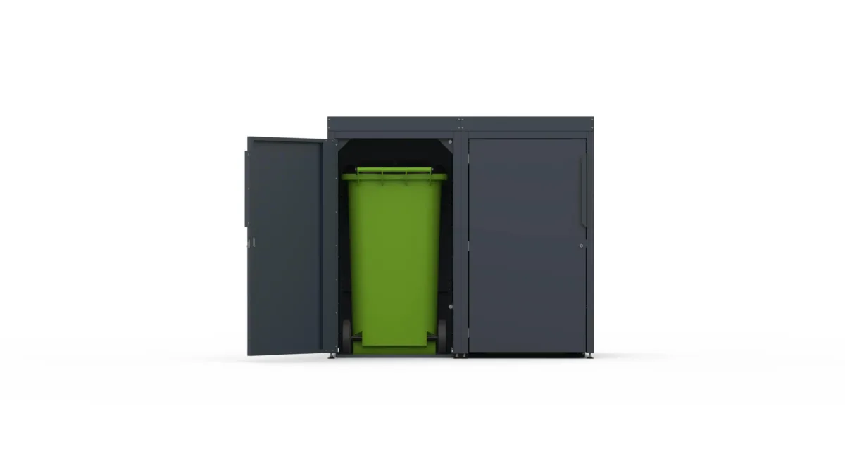 Metal bin cover for two 240-litre bins with classic smooth doors and a tray for planting flowers