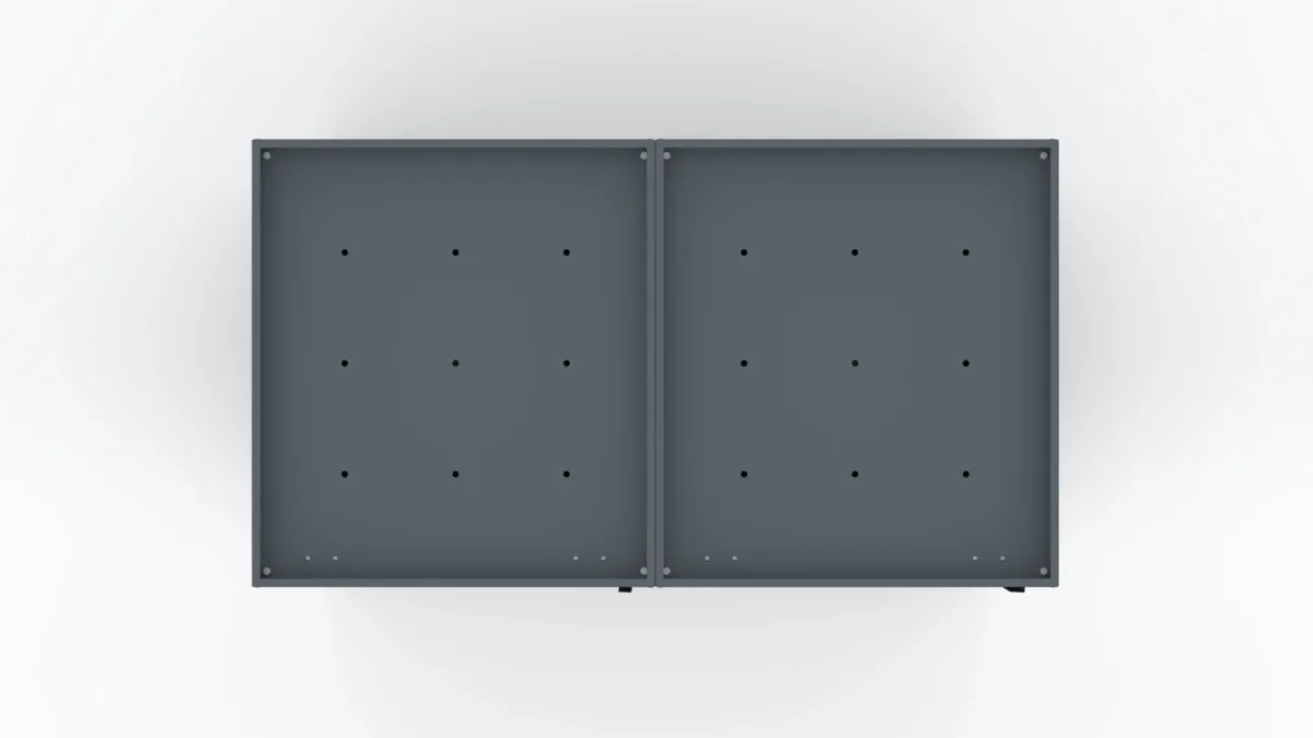 Metal bin cover for two 240-litre bins with decorative square pattern on the door and a tray for planting flowers.