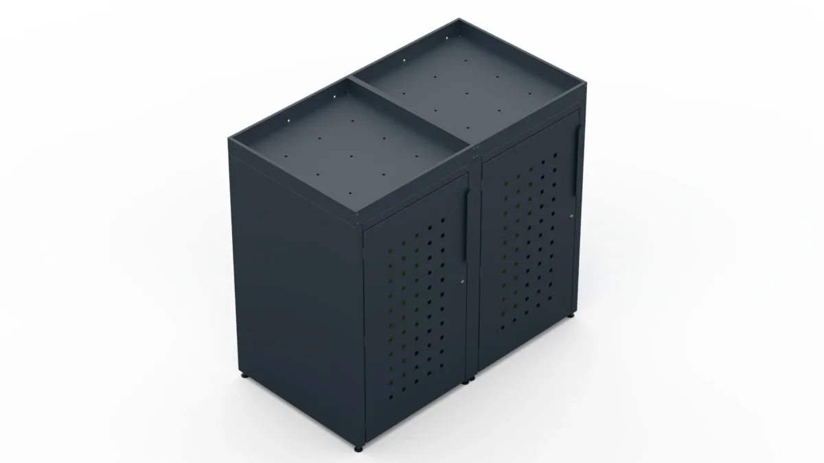 Metal bin cover for two 240-litre bins with decorative square pattern on the door and a tray for planting flowers.