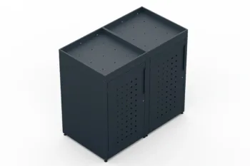 Metal bin cover for two 240-litre bins with decorative square pattern on the door and a tray for planting flowers.