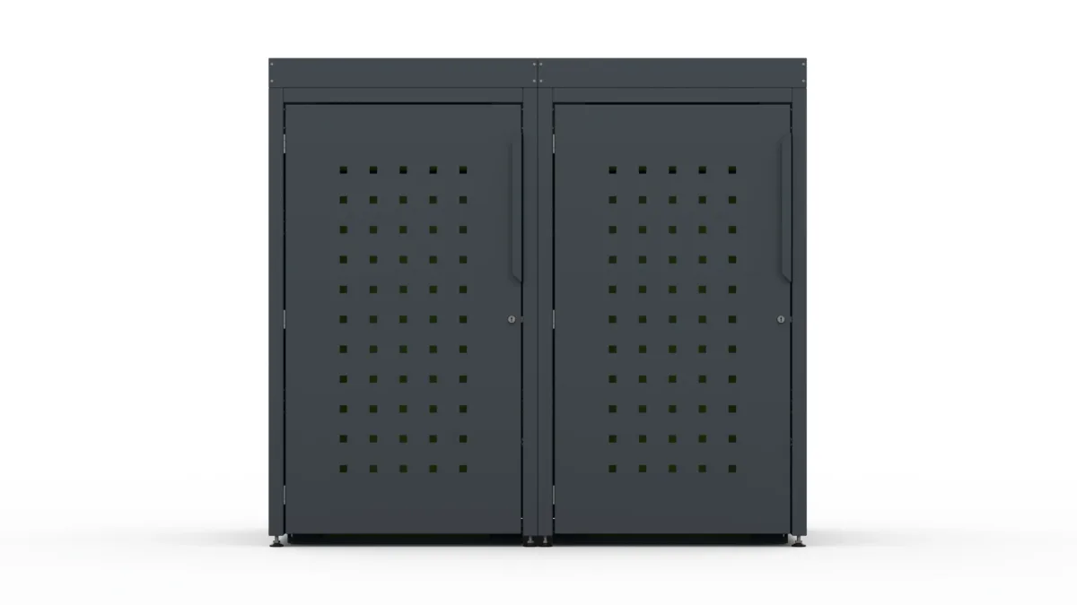 Metal bin cover for two 240-litre bins with decorative square pattern on the door and a tray for planting flowers.