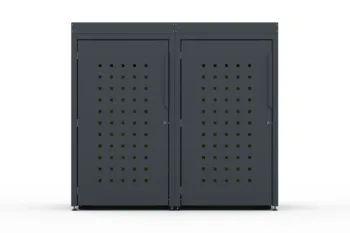 Metal bin cover for two 240-litre bins with decorative square pattern on the door and a tray for planting flowers.