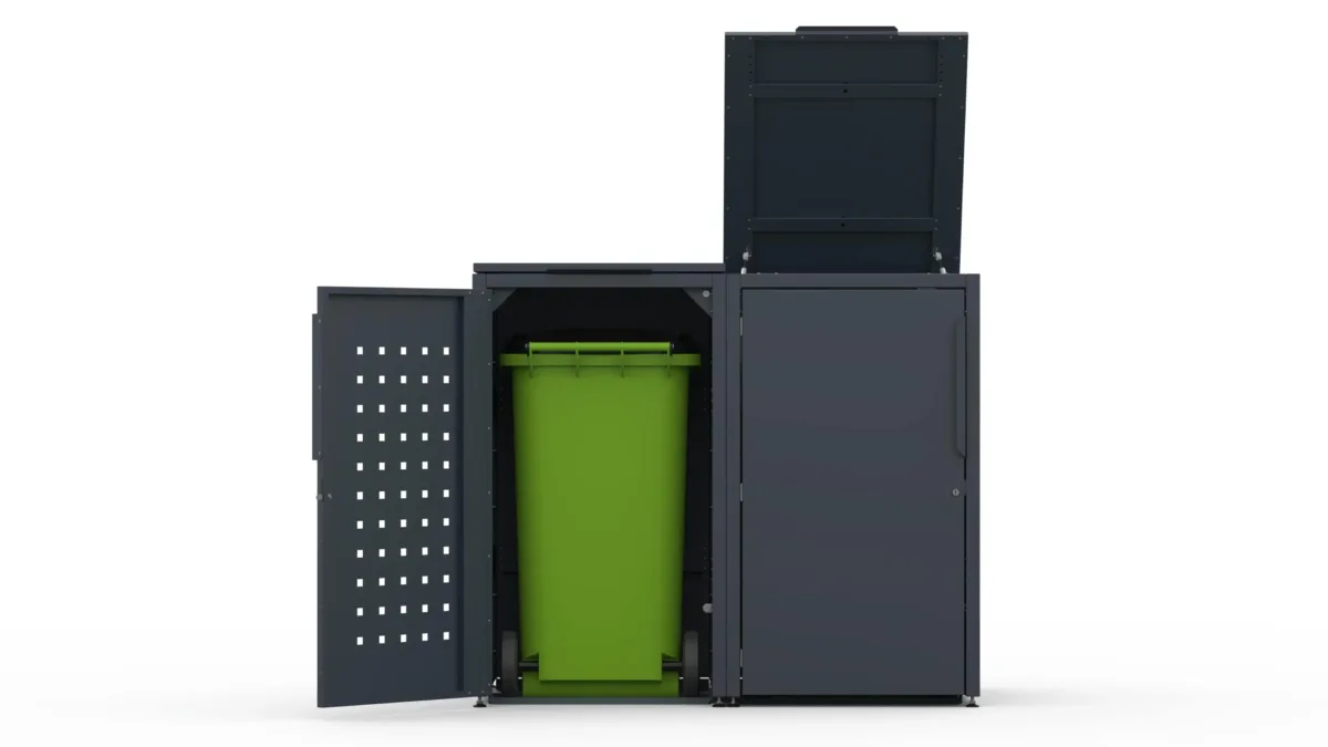 Metal bin cover for two 240-litre bins with one smooth door and one door with a decorative square pattern