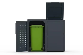 Metal bin cover for two 240-litre bins with one smooth door and one door with a decorative square pattern