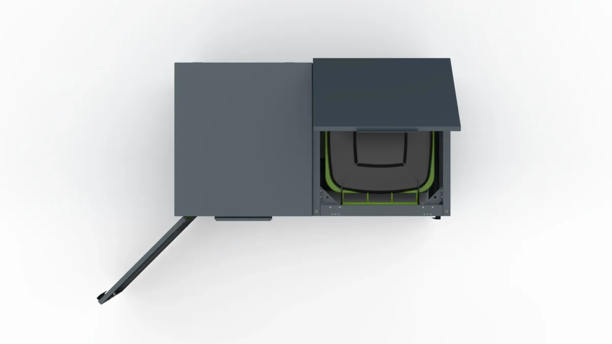 Metal bin cover for two 240-litre bins with one smooth door and one door with a decorative square pattern