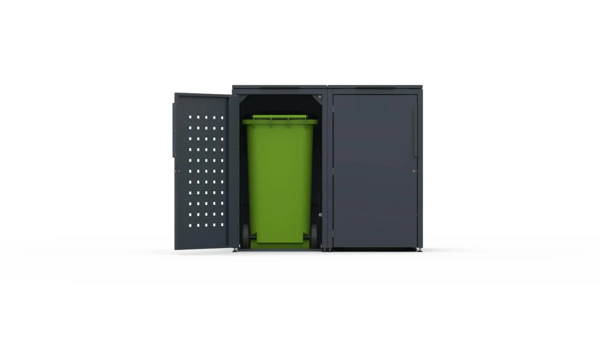 Metal bin cover for two 240-litre bins with one smooth door and one door with a decorative square pattern