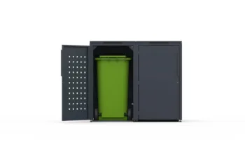 Metal bin cover for two 240-litre bins with one smooth door and one door with a decorative square pattern