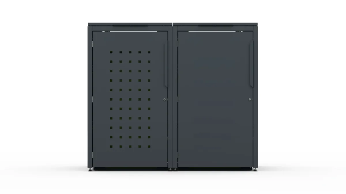 Metal bin cover for two 240-litre bins with one smooth door and one door with a decorative square pattern