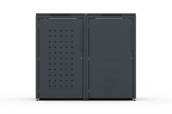 Metal bin cover for two 240-litre bins with one smooth door and one door with a decorative square pattern