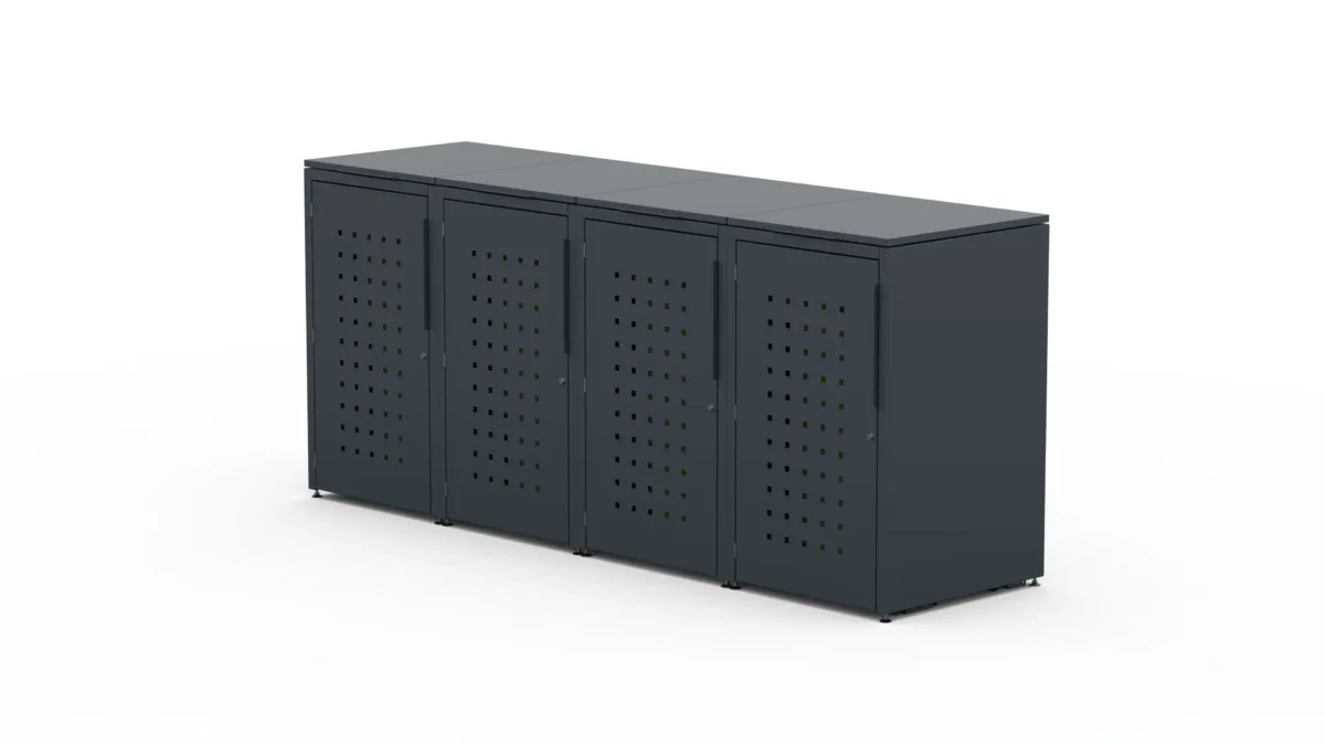 Metal bin cover for four 240-litre bins with classic lid and square pattern door