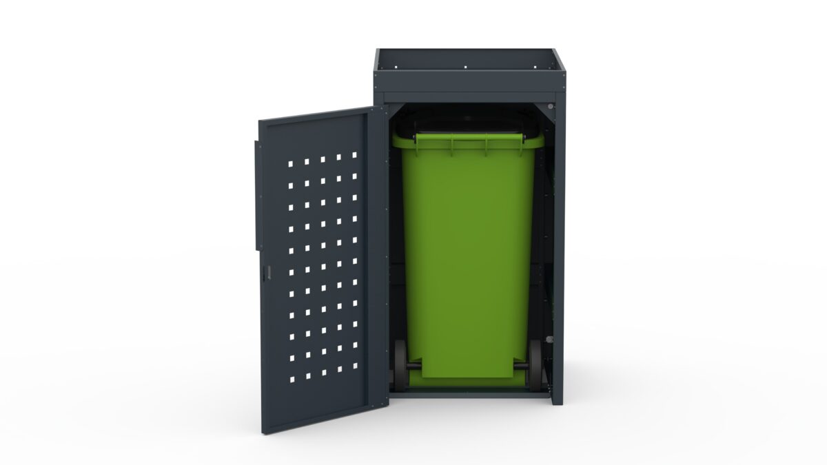 Metal bin cover for one 240-litre bin with flower tray and pattern on the door.