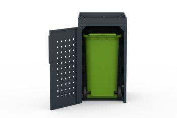 Metal bin cover for one 240-litre bin with flower tray and pattern on the door.