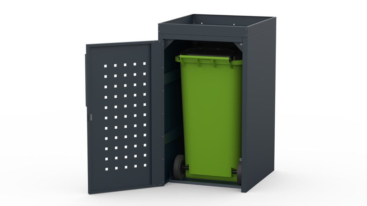Metal bin cover for one 240-litre bin with flower tray and pattern on the door.