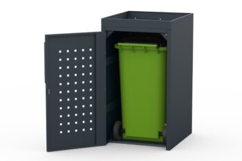 Metal bin cover for one 240-litre bin with flower tray and pattern on the door.