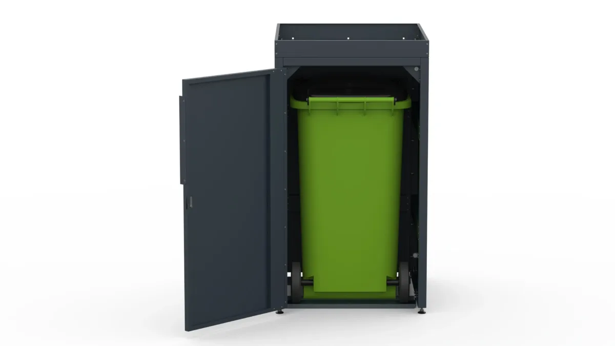 Metal bin cover for one 240-litre bin with flower tray
