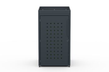 Metal bin cover for one 240-litre bin with flower tray and pattern on the door.