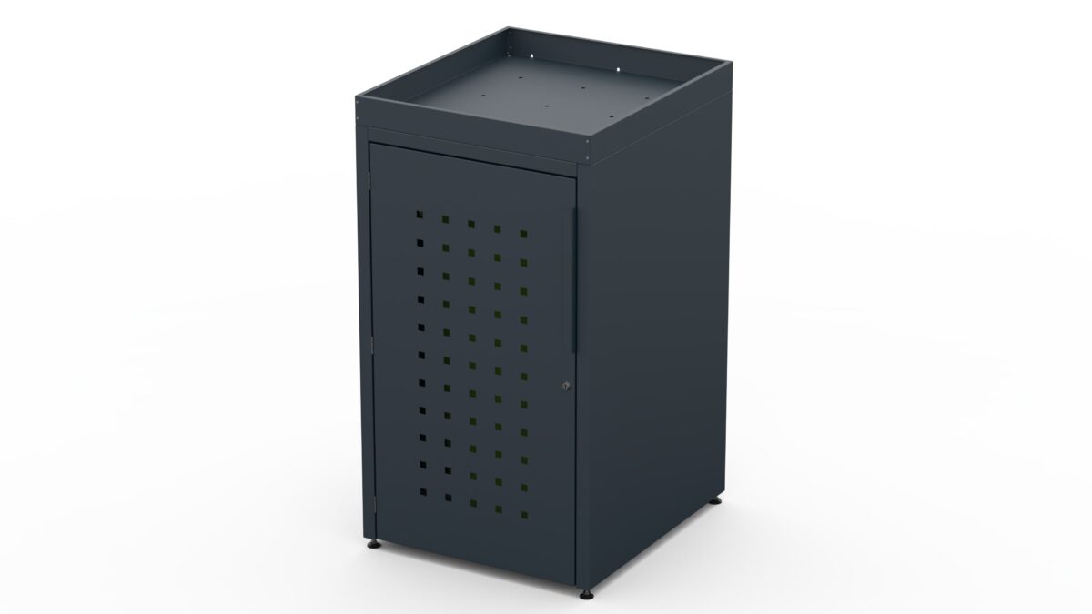 Metal bin cover for one 240-litre bin with flower tray and pattern on the door.