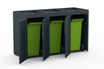 Metal bin cover for three 240-litre bins with green roof.