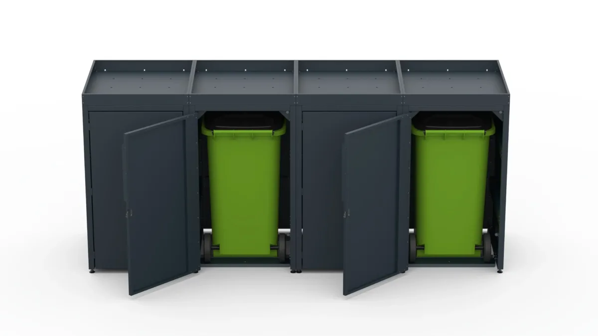 Metal bin cover for four 240-litre bins with green roof.