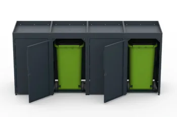 Metal bin cover for four 240-litre bins with green roof.