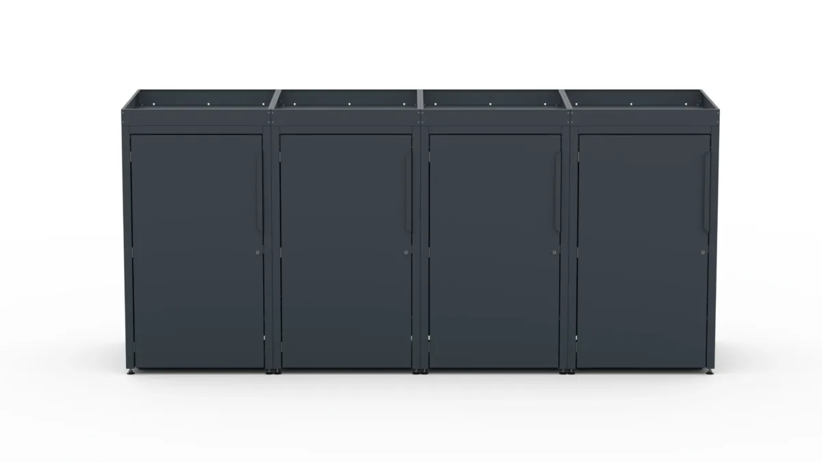 Metal bin cover for four 240-litre bins with green roof.