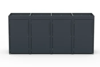 Metal bin cover for four 240-litre bins with green roof.