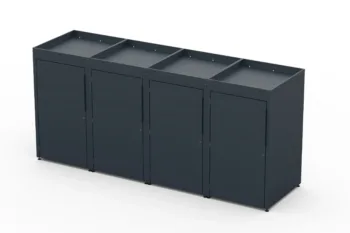 Metal bin cover for four 240-litre bins with green roof.
