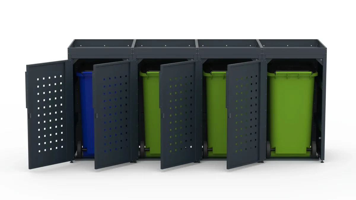 Metal bin cover for four 240-litre bins with green roof and square pattern on the doors.