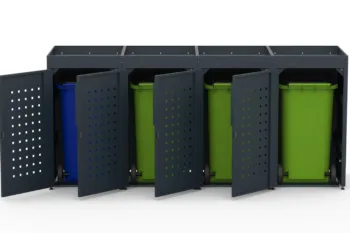 Metal bin cover for four 240-litre bins with green roof and square pattern on the doors.