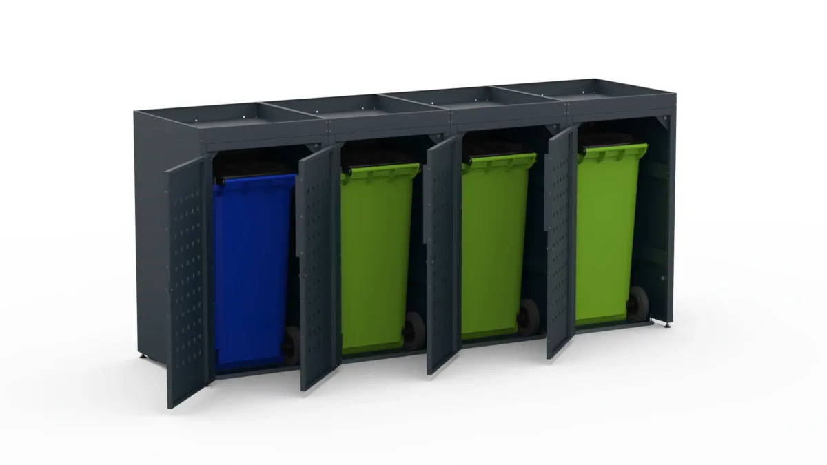 Metal bin cover for four 240-litre bins with green roof and square pattern on the doors.
