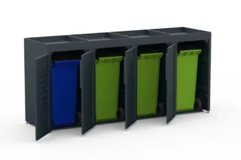 Metal bin cover for four 240-litre bins with green roof and square pattern on the doors.