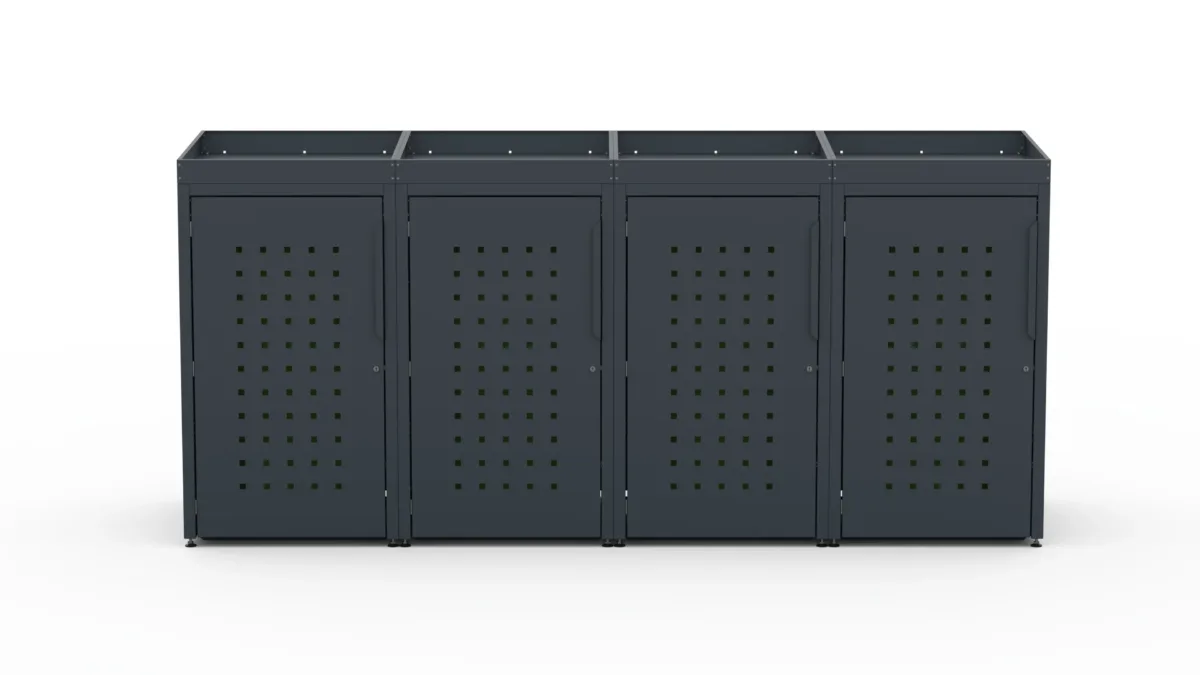Metal bin cover for four 240-litre bins with green roof and square pattern on the doors.