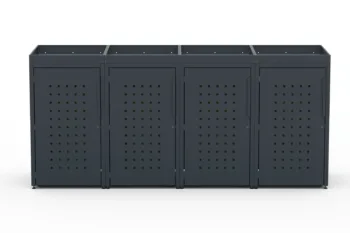 Metal bin cover for four 240-litre bins with green roof and square pattern on the doors.