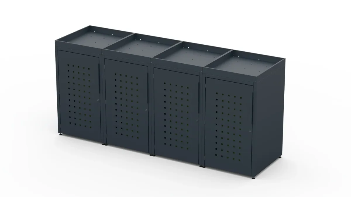 Metal bin cover for four 240-litre bins with green roof and square pattern on the doors.