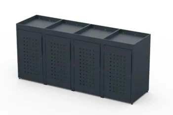 Metal bin cover for four 240-litre bins with green roof and square pattern on the doors.