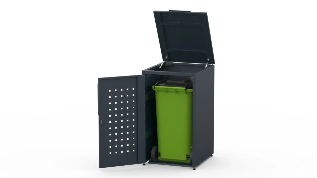 Metal bin cover for one 240-litre bin with standard lid and pattern on the door.