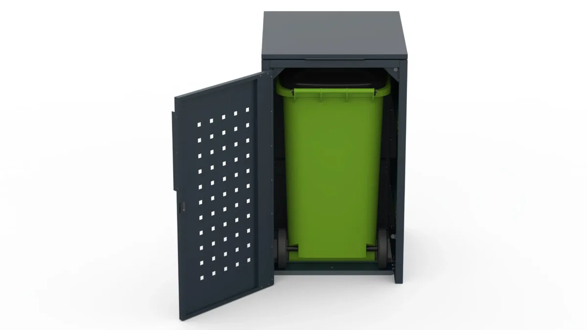 Metal bin cover for one 240-litre bin with standard lid and pattern on the door.